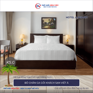 Bộ chăn ga gối khách sạn Việt Á vải lụa tổng hợp CVC sọc trắng 3cm 1